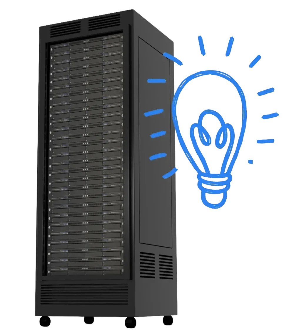 Black up right server with drawn idea light bulb in blue