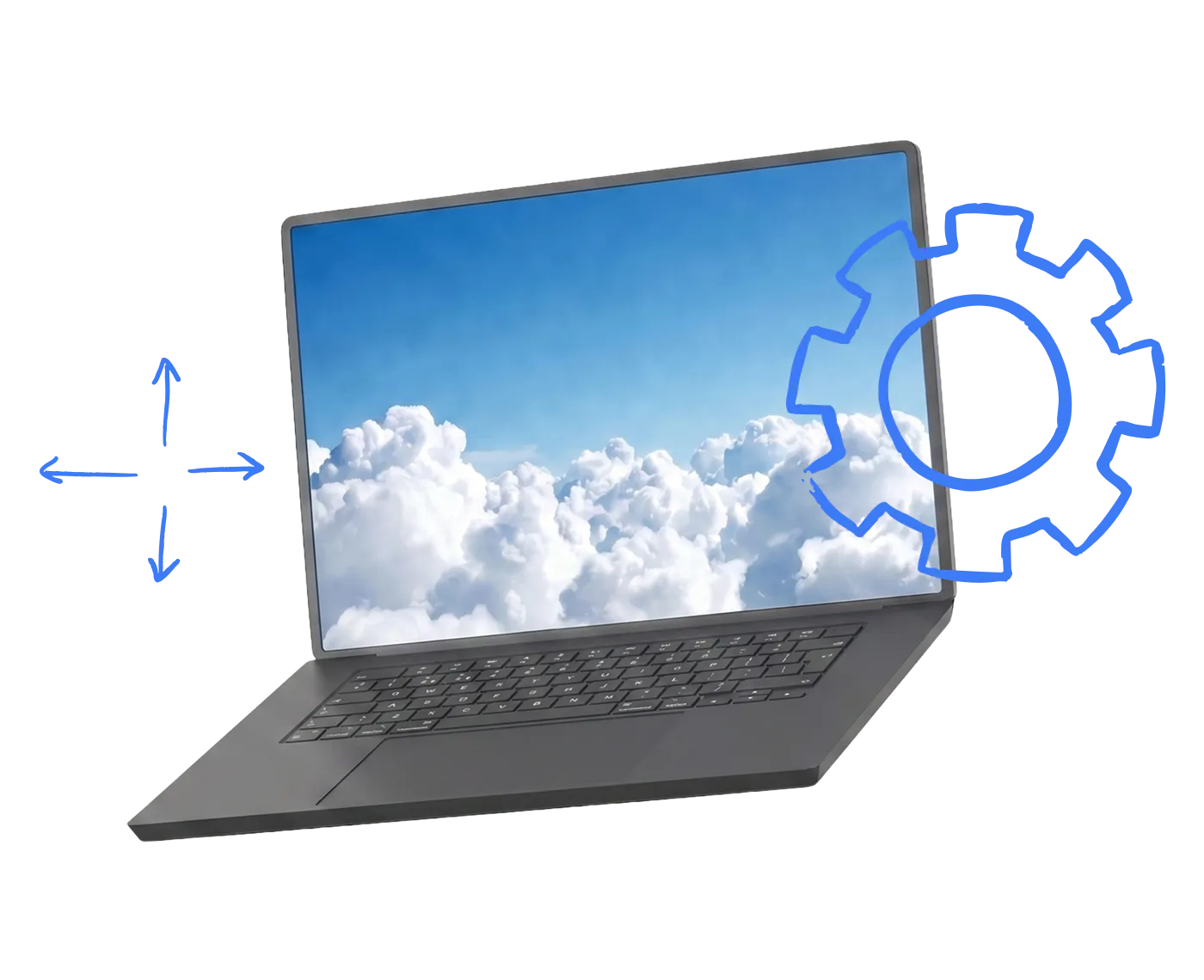 A laptop with clouds on the screen is surrounded by drawings of a settings wheel and arrows.