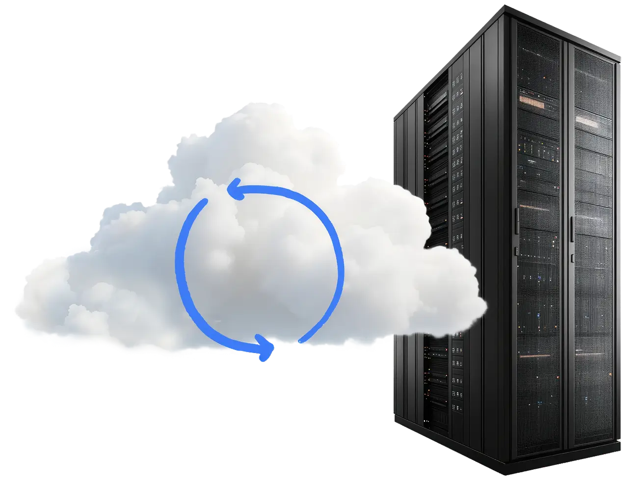 A server rack stands next to a cloud with disaster recovery arrows in a circle.