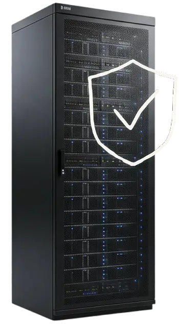 A caged server rack is shown with a shield in front of it, the shield has a checkmark to indicated security.